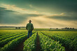 back view A proud farmer stands in a vibrant green field. ai generative
