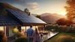 family standing in front of their modern eco house with solar panels on the roof