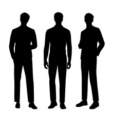 Vector Silhouette Of Three Men  Standing, Profile, Business People, Black Color,  Isolated On White Background