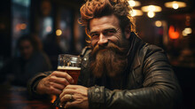 Hipster male with stylish beard and hair drinking beer sitting at the bar counter in brewery.