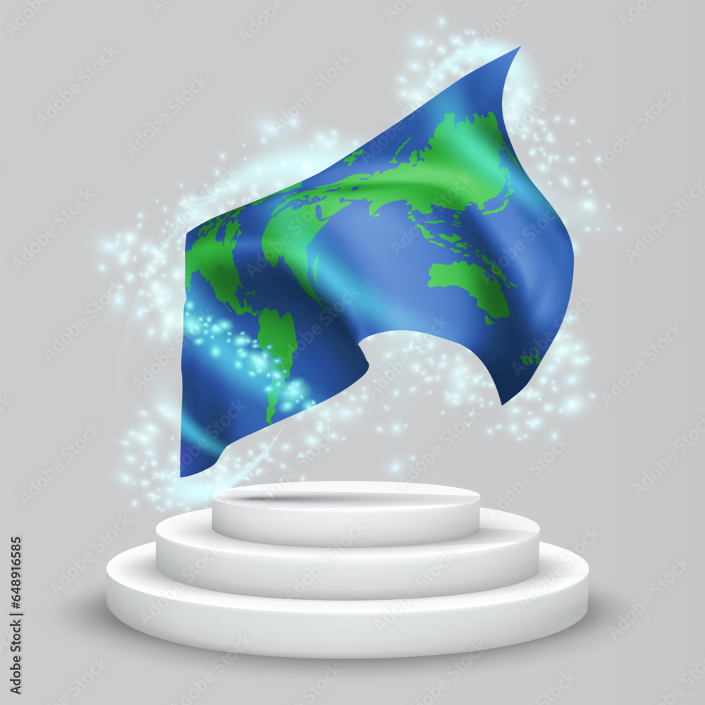 World map, vector 3d flag on the podium surrounded by a whirlwind of ...
