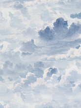 Pale Blue Watercolor Clouds Background, Fluffy, Spread Out Clouds In Darker Shades Of Blue
