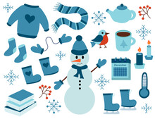 Winter Elements Set. Snowman In Hat. Sweater, Socks, Boots, Scarf, Mittens, Skates. Teapot And Cup. Calendar December. Bird Bullfinch. Candles And Books. Vector Flat Illustration.