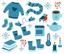 Winter Elements Set. Sweater, Socks, Boots, Scarf, Mittens, Skates. Teapot And Cup. Calendar December. Bird Bullfinch. Snowflakes. Candles And Books. Vector Flat Illustration.