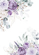 Watercolor floral illustration - border frame with violet purple blue gold flowers, green leaves, for wedding stationary, greetings, wallpapers, fashion, background, wrapping, prints, patterns.