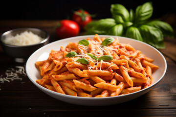 Wall Mural - Restaurant dish Penne alla vodka sprinkled with microgreens.