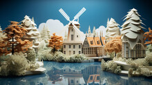 Morning Time In Huis Ten Bosch With Wind Wheel In Netherlands Wallpaper In Paper Art And Craft Design Concept And Animation. Created Using Generative AI.
