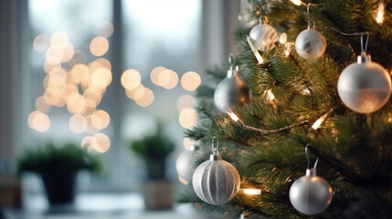 Silver baubles and glowing light bulbs on the Christmas tree near window, close up shot, Christmas background.