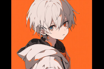 Anime Boy With Silver Hair On Orange Background