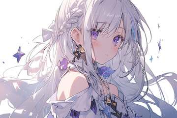 Sticker - Beautiful Cute Anime Girl With Silver Hair On White Background