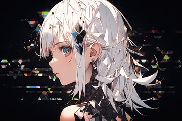 Wall Mural - Beautiful Cute Anime Girl With White Hair On Black Background