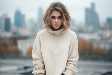 Sadness European Girl In Beige Jeans On City Background. Сoncept Sadness In Europe, Bond Of Jeans And Girl, European Style, City As A Background