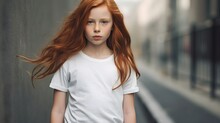 Tshirt Mockup On A Beautiful Young Red Head Girl