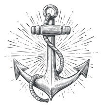 Vintage Sea Anchor With Rope In Engraving Style. Ship Hook Sketch Vector Illustration