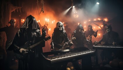 Photo of a band performing live on stage in black attire