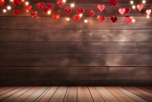 Wooden Deck Table Background With Heart Shape. Valentines Day.