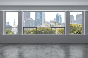 Wall Mural - Empty room Interior Skyscrapers View Cityscape. Downtown Philadelphia City Skyline Buildings from High Rise Window. Beautiful Real Estate. Day time. 3d rendering.