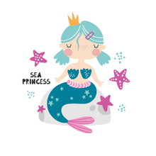 Cute Mermaid Girl With Blue Hair And Underwater Elements On White Background. Vector Hand Drawn Illustration For Children. Mermaid Clipart For Girls. Sea, Ocean. Card, Print, Poster, Invitation.