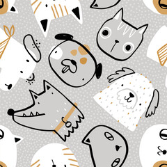 Vector seamless pattern with cute cats and dogs on gray background. Pets. Kitten, puppy. Creative kids texture for fabric, wrapping, textile, wallpaper. Cartoon funny hand-drawn animals.