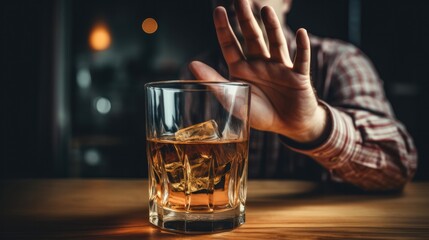 man refuses say no and avoid to drink an alcohol whiskey , stopping hand sign male, alcoholism treatment, alcohol addiction, quit booze, Stop Drinking Alcohol. Refuse Glass liquor, unhealthy, reject