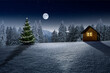 canvas print picture - Weihnachtshütte mit leuchtendem Fenster in einer verschneiten Winterlandschaft
