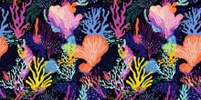 Tropical Modern Coastal Pattern Clash Fabric Coral Reef Border Print For Summer Beach Textile Designs With A Linen Cotton Effect. Seamless Trendy Underwater Kelp And Seaweed Ribbon Edge Background