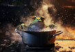 An enchanted frog prince from a fairy tale, being boiled in a pot or cauldron, submerged in water with smoke around. Metaphor of the passivity of a toad being cooked slowly
