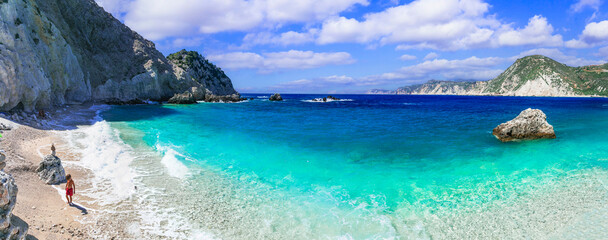 Sticker - best scenic beaches of beautiful Cephalonia (Kefalonia) island - Agia Eleni with picturesque rocks. Greece , Ionian islands