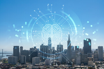 Wall Mural - San Francisco skyline from Coit Tower to Financial District and residential neighborhoods, California, US. Artificial Intelligence concept, hologram. AI, machine learning, neural network, robotics