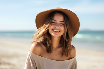 Sticker - Happy beautiful young woman smiling at the beach side. Delightful girl enjoying sunny day out. Healthy lifestyle concept. generative AI