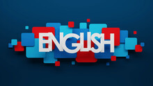 3D Render Of ENGLISH Typography With Blue And Red Squares On Dark Blue Background