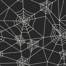 Halloween Seamless Pattern In Linear Style. Spider Web Background For Halloween Design. Vector Black And White Spider Web Texture. Elegant Minimal Holiday Texture For Textile, Fabric, Wrapping.