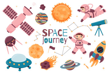 A set of illustrations with cute astronauts, spacecraft, telescope, space station, satellite, rocket, constellations, moon, sun and planets in cartoon style.