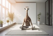 Giraffe Sitting With Crossing Legs In Position For Meditation. An Abstract Concept With Wild Animals As A Human. Creative Unusual Scene.