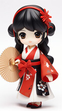 Cute Traditional Japanese Geisha Doll With Pretty Red Kimono Outfit And Paper Fan Mock-up