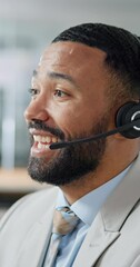Poster - Businessman, call center and face consulting with headphones in customer service or support at office. Closeup of friendly or happy man, consultant or agent talking in online advice or telemarketing
