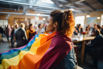 Mixed race young woman at women empowerment strike holding rainbow flag. Proud multiethnic lesbian girl in rally to protest on equality for gay.