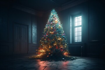 Wall Mural - 3d rendering of a beautiful christmas tree in a dark room.
