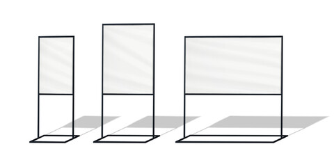 Wall Mural - Blank white sign holder stand set. Realistic vector mockup. Floor poster display frame mock-up. Template for design