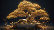 złote drzewko szczęścia japoński bonsai w doniczce na czarnym tle - golden lucky tree japanese bonsai in pot on black background - AI Generated