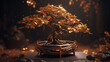 Złote drzewko bonsai japoński symbol szczęścia i dostatku w złotej doniczce z czarnymi kamieniami Golden bonsai tree Japanese symbol of happiness and abundance in a golden pot - AI Generated
