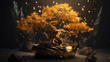 złoty bonsai japońskie drzewko szczęścia w złotej doniczce na czarnym tle powodzenie, bogactwo - golden bonsai japanese lucky tree in golden pot on black background good luck, wealth - AI Generated