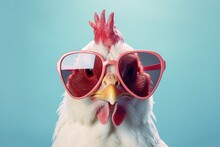 Portrait Of A White Rooster Wearing Sunglasses On A Blue Background. Ai Generative