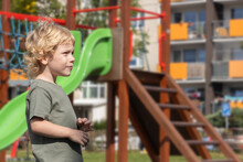 A Little Boy Is Standing On A Children's Playground With Slides And Climbing Frames