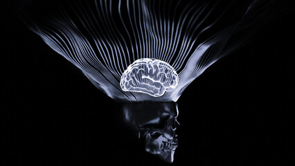 Poster - 3D animation of glowing brain. Design. Stylish glowing skull with brain on black background. 3d skull animation with glowing brain and lines