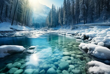 A Transparent Blue River And Forest With Snow Scenery. Beautiful Winter Scenery Background. Natural And Seasonal Landscape Concept.