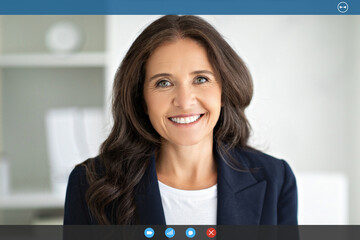 Poster - Cheerful mature woman manager have online meeting with employees