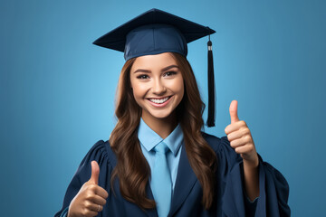 student girl wearing graduated cap and uniform doing happy thumbs up gesture with hand. copy space