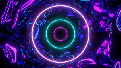 Poster - Futuristic neon tunnel with ripples and rings. Design. Moving tunnel with neon glitter and bright rings. Futuristic cyber tunnel with 3d walls and glowing circles
