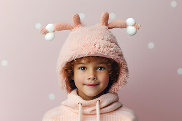 Wall Mural - little girl with red nose is wearing christmas sweater and reindeer hat, in the style of reportage style, contemporary candy-coated